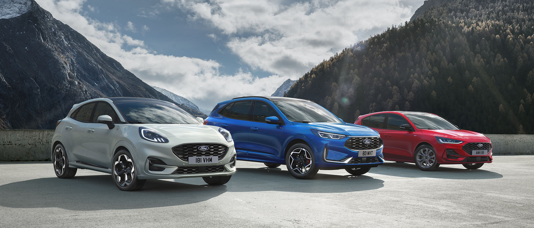 Ford Puma, Ford Kuga and Ford Focus parked