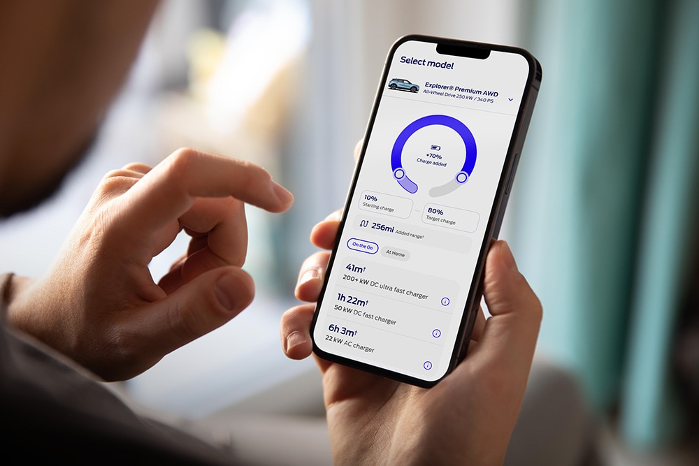 Person using the Ford EV Life website tool on their mobile phone. 